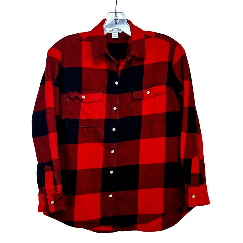 Old Navy Flannel Boyfriend Shirt Women's XS Red Black Buffalo Check L/S